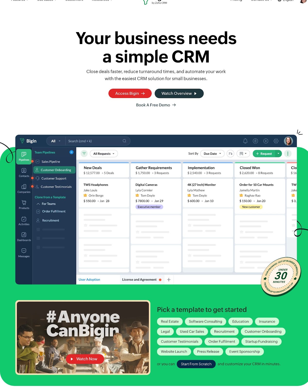 Use Zoho Bigin to Turn Spreadsheets into a Sales Pipeline That Closes Deals 1 Zoho Bigin simple CRM