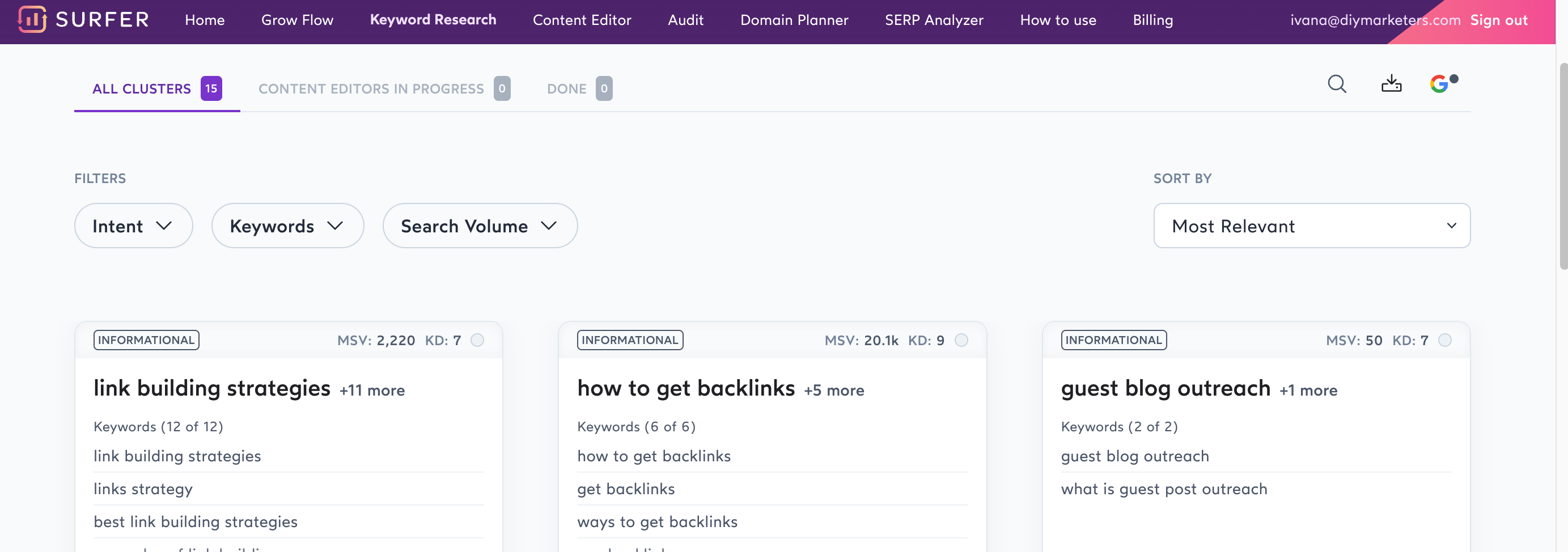 SurferSEO vs. ContentAtScale: Who Wins the AI Blog Writing Battle? 3 Surferseo search volume page for target keyword includes keyword difficulty, monthly search volume keyword research tools